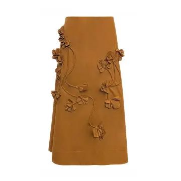 DYON D25-9034 Oganic Cotton Midi Skirt: Sculpted Blooms in Earthy Elegance