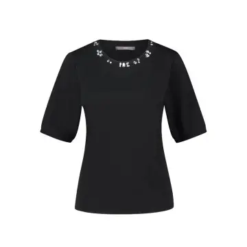Women’s Classic Round Neck Tee | Crystal Embellished Neckline | 100% Cotton
